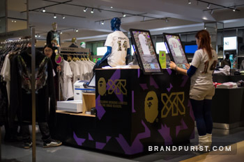 Customisation booth for YR x BAPE t-shirts at Selfridges department store.