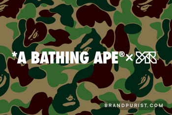 Logo lockup for YR x A Bathing Ape against BAPE’s signature camouflage backdrop.