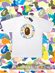 Multi-coloured camouflage pattern filling a circular BAPE logo on a white t-shirt.