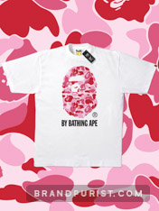 A Bathing Ape logo with pink camouflage fill on a t-shirt.