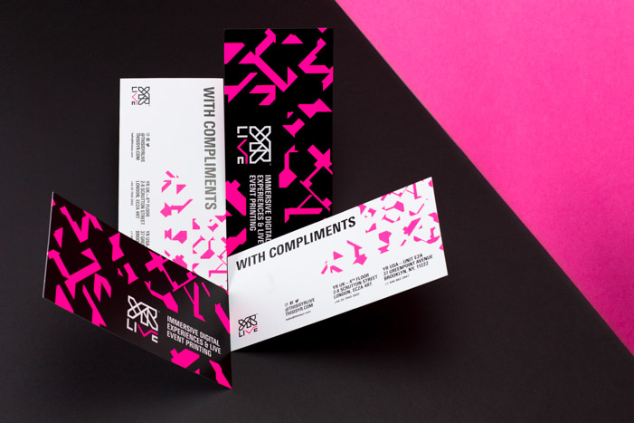 Screen printed YR Live comp slips with vibrant pink colours and structured, clean typography.