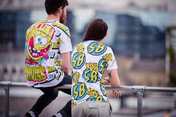 Fashion lookbook photo of two YR Store x SpongeBob t-shirts on a rooftop in Shoreditch.
