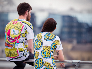 Fashion lookbook photo of two YR Store x SpongeBob t-shirts on a rooftop in Shoreditch.