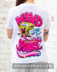 Product photo showing the back of the YR Store x SpongeBob t-shirt with 'Mind like a sponge' artwork.