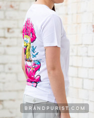 Side view of the YR Store x SpongeBob t-shirt with 'Mind like a sponge' artwork on its back.