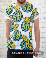 Front view product photo of the YR Store x SpongeBob t-shirt with all-over YR and SB logo pattern.