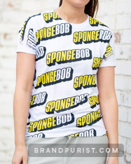 Product shot of t-shirt with repeating SpongeBob logo.
