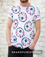 Front view of the t-shirt with skateboard style eyeball artwork pattern.