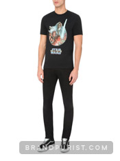 Black t-shirt featuring Star Wars movie poster graphics.