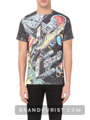 Black t-shirt with comic book style graphics of Star Wars ships.