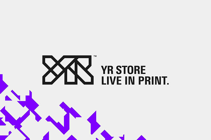 YR Store logo on white background with purple shards derived from the logo mark.